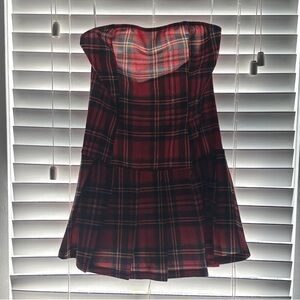 SHEIN Red and Black Plaid Strapless Dress with shorts underneath